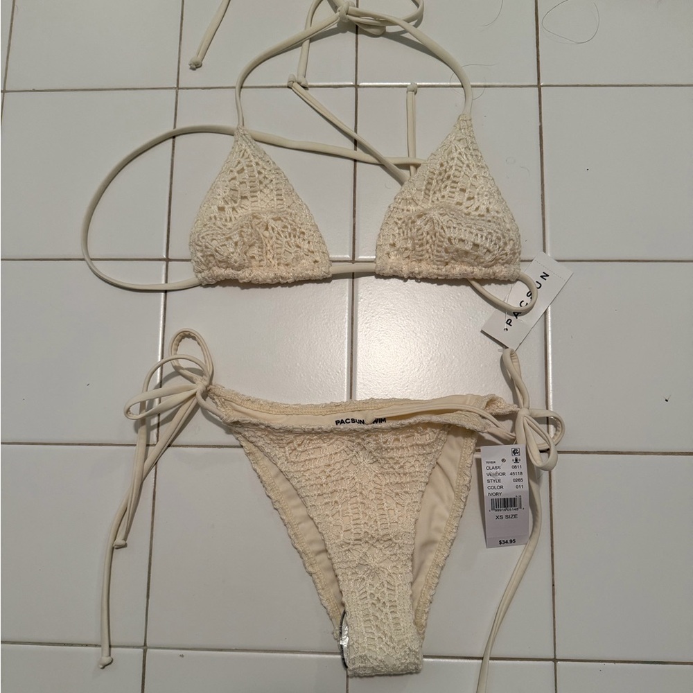 PacSun Cream Crochet Triangle Bikini Set